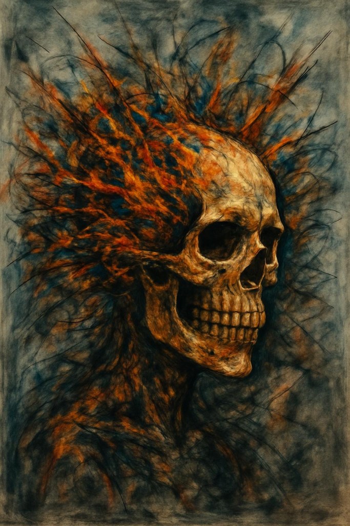 Abstract painting of a woman's side profile with mathematical equations and colorful geometric shapes